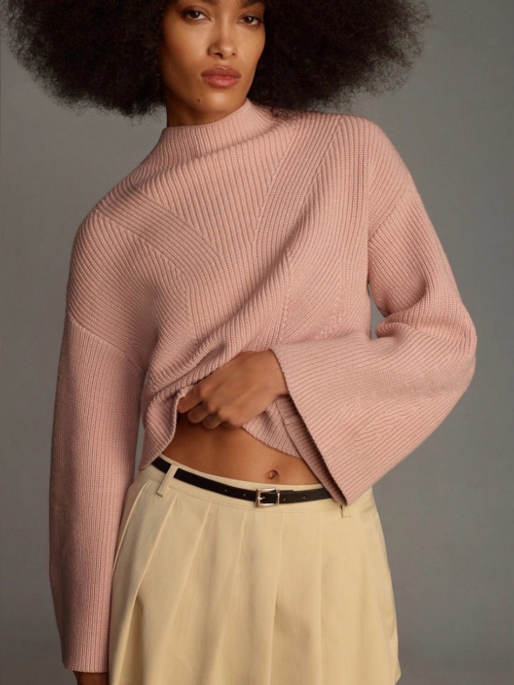 Maeve Ribbed Open-Front Cowl Sweater - Dusty Pink